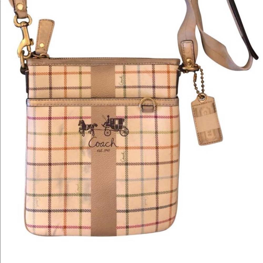 Coach tan and gold leather crossbody bag